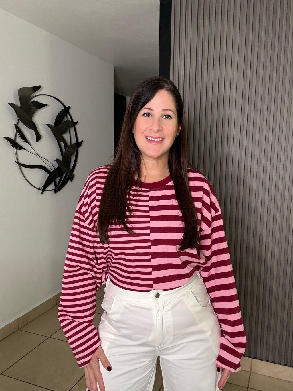 Oversize pink and wine stripe top