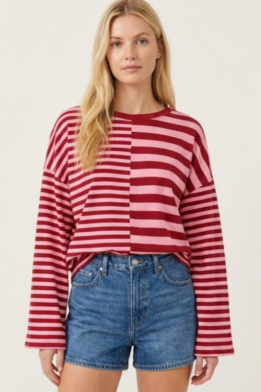 Oversize pink and wine stripe top