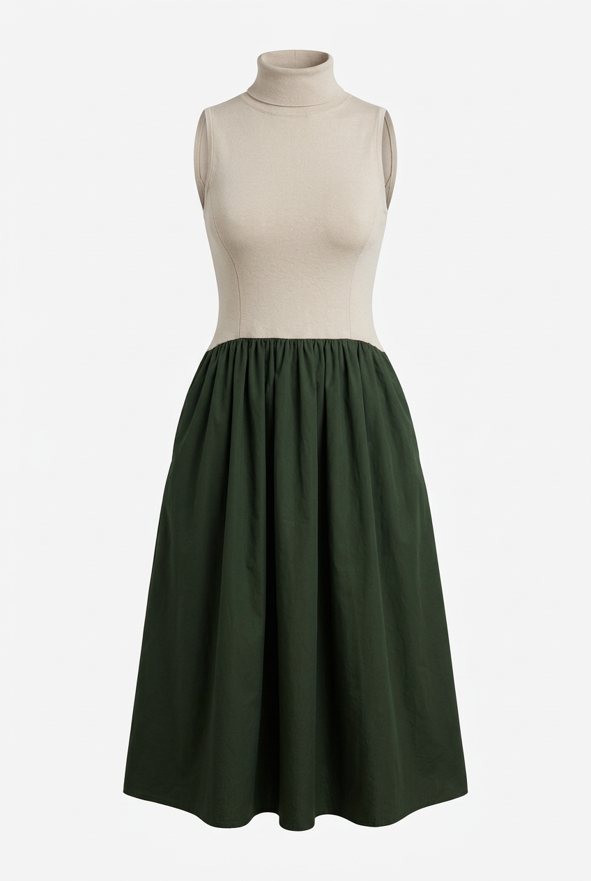 Cream and Olive Midi Dress
