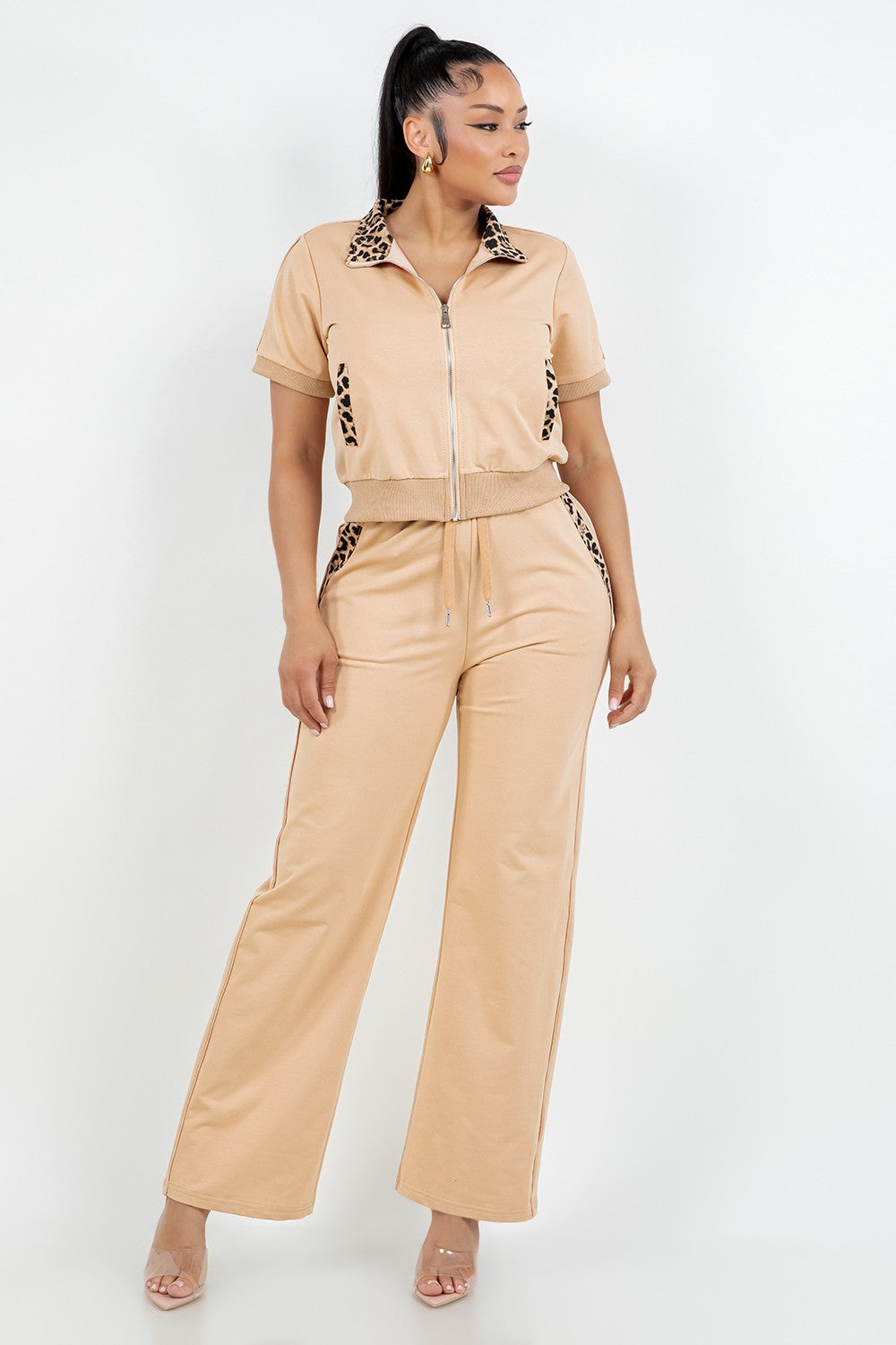 Beige Leopard Pants Set
