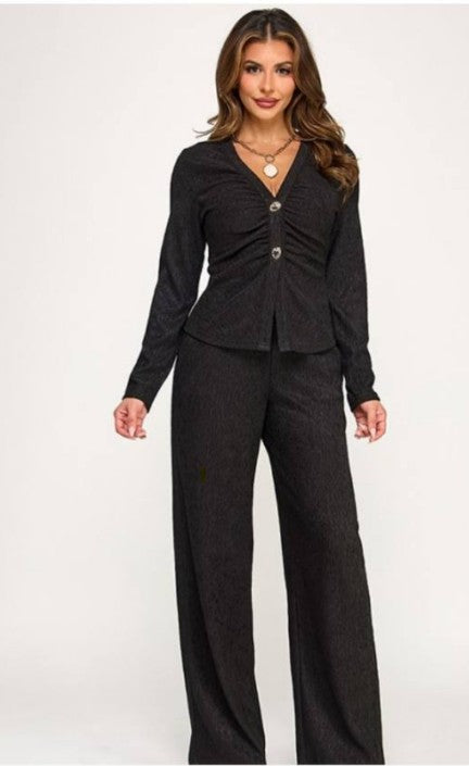 Long Sleeve Ruched Button Top and Pants Set
