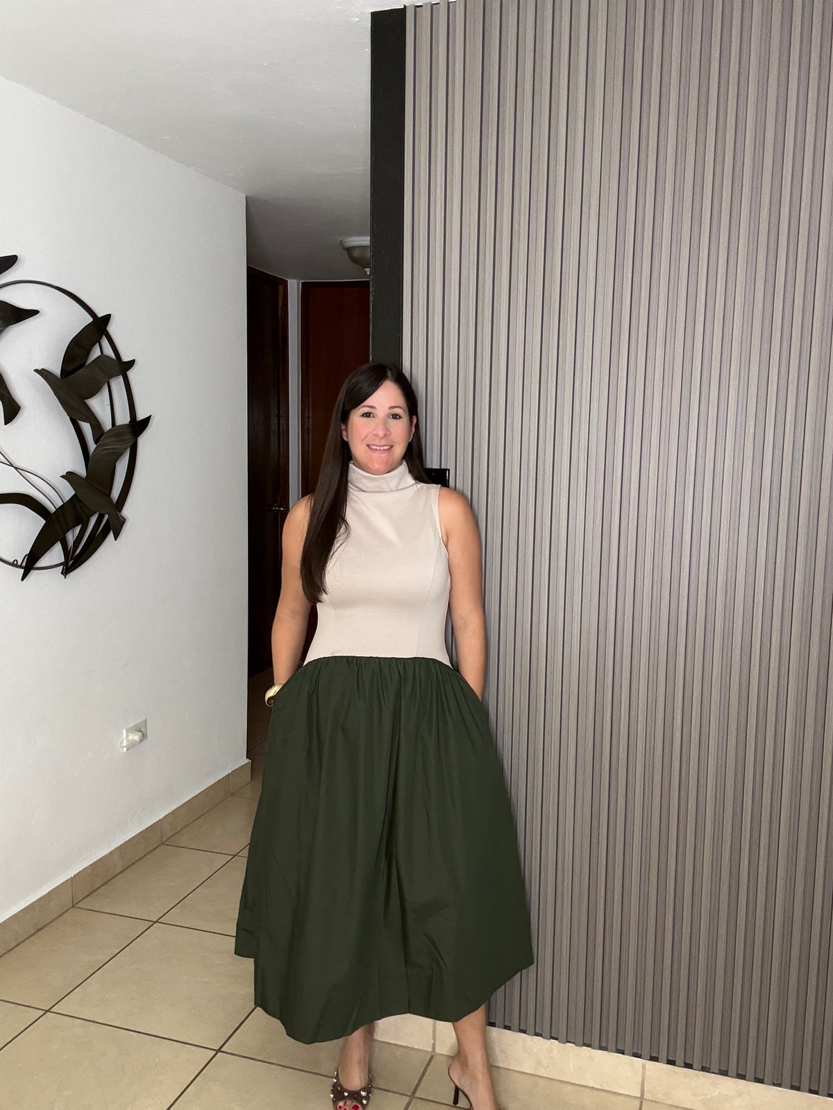 Cream and Olive Midi Dress