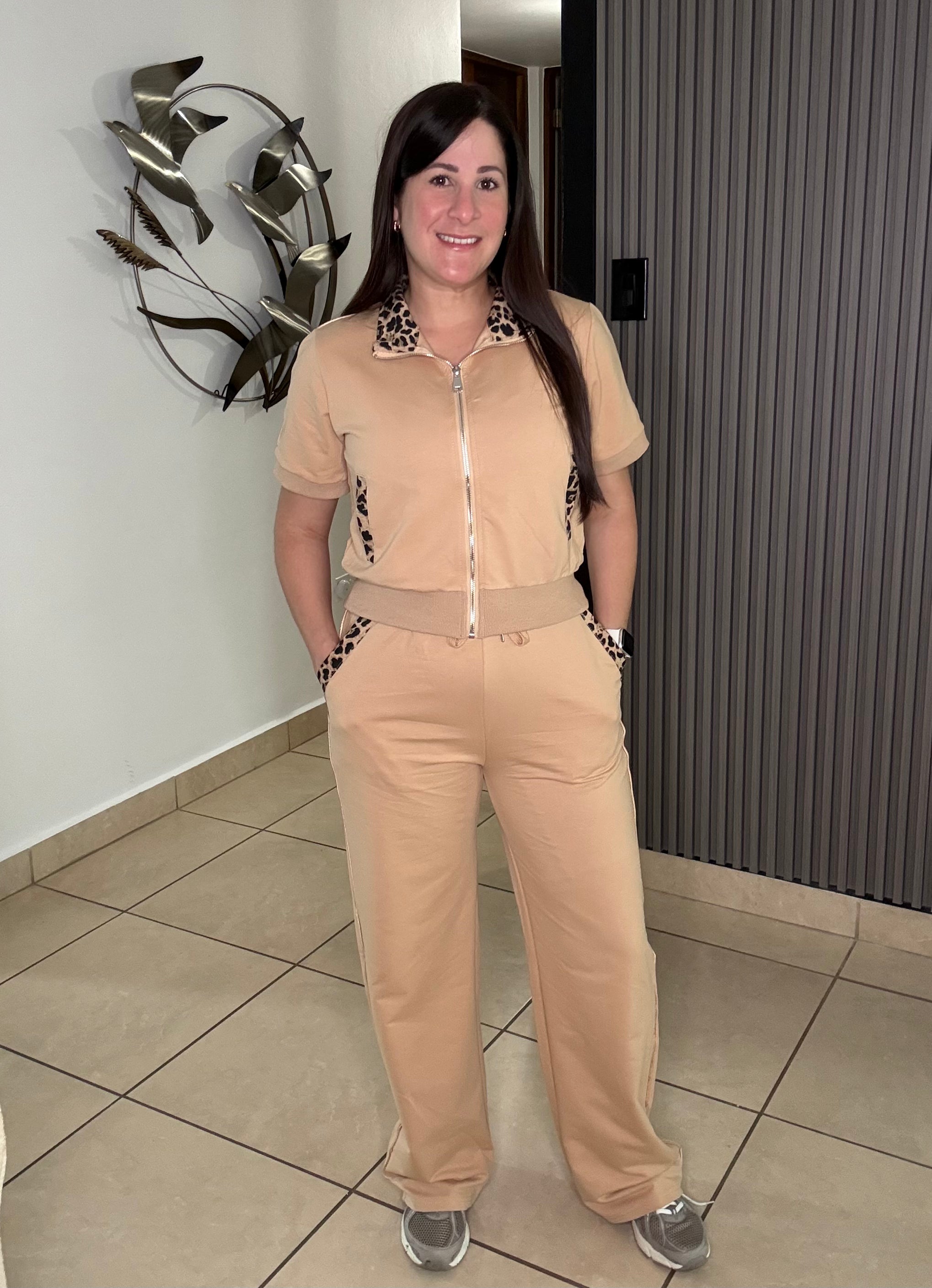 Beige Leopard Pants Set