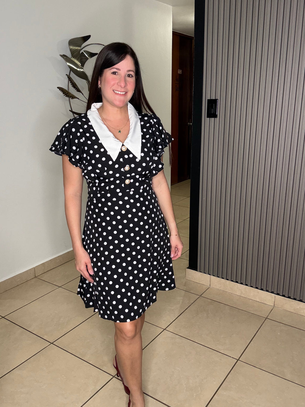 Polkadot Ruffle Sleeve Dress- Black and white