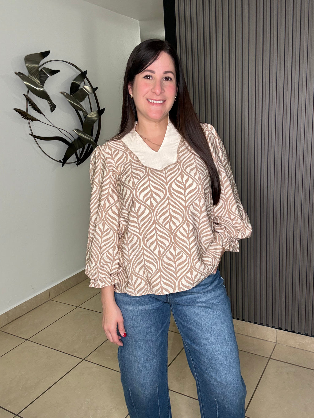  Collared Neck Boho Leaf Print Top