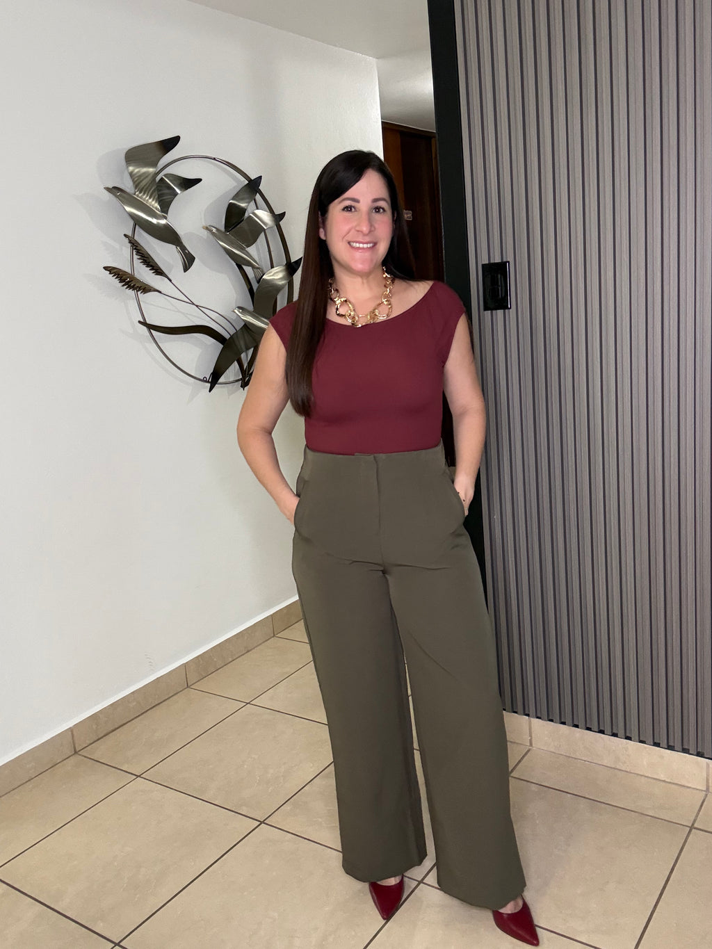 Olive Solid High-rise Wide Pleat Pants