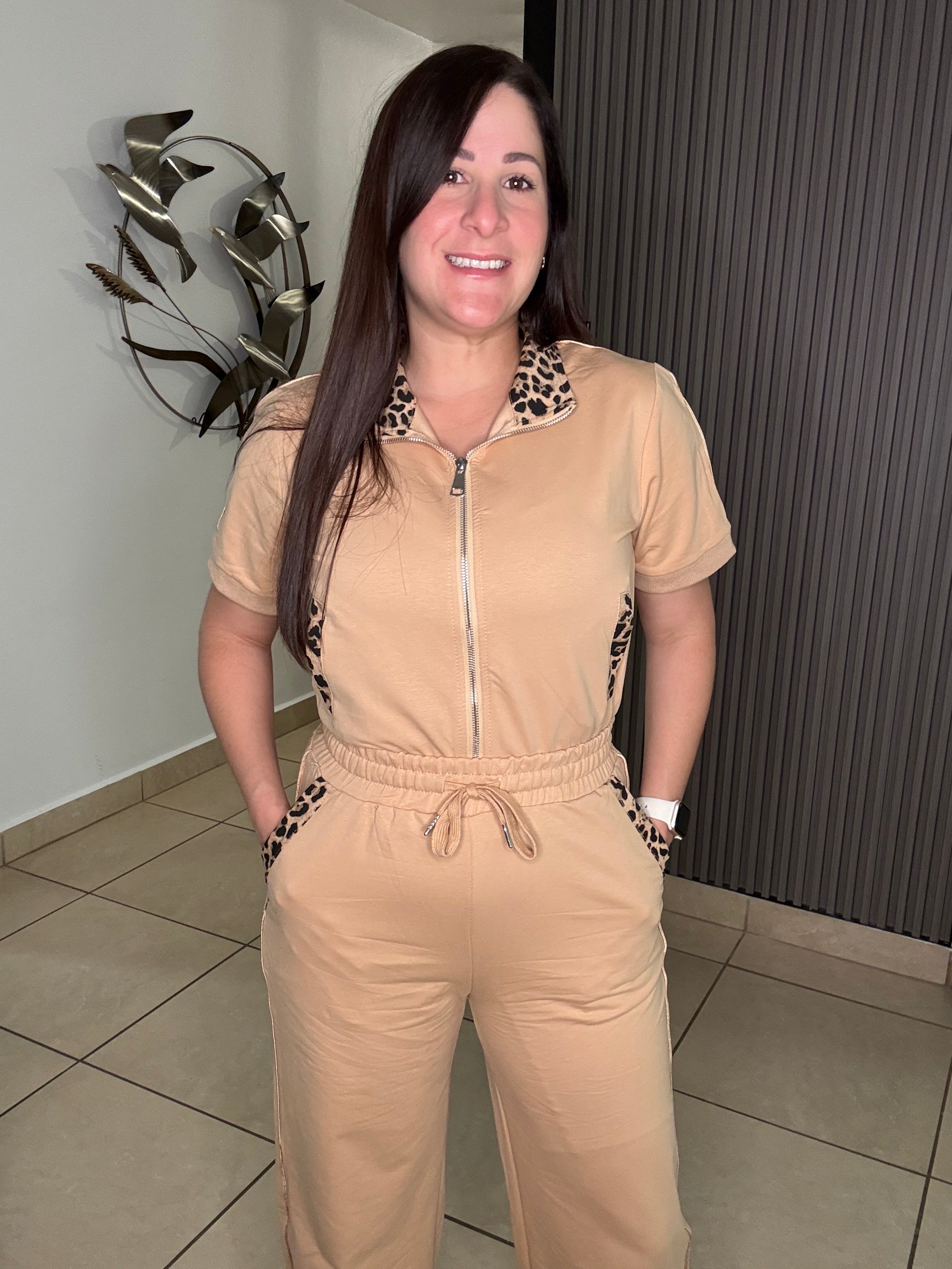 Beige Leopard Pants Set