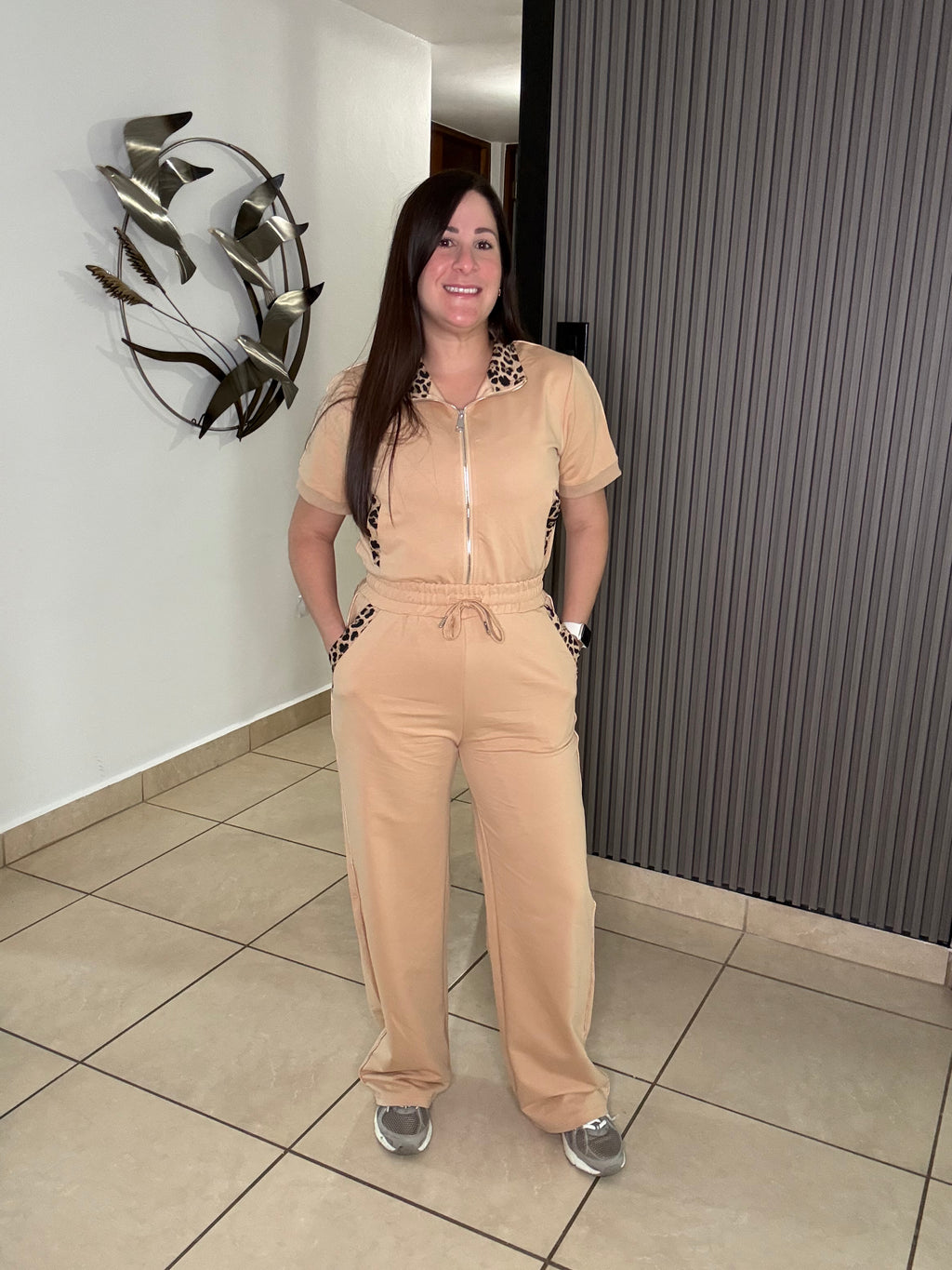 Beige Leopard Pants Set