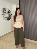 Olive Solid High-rise Wide Pleat Pants