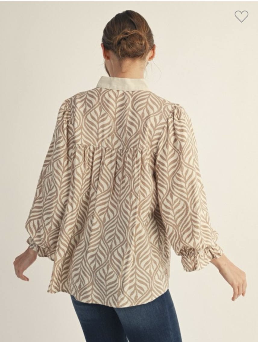  Collared Neck Boho Leaf Print Top