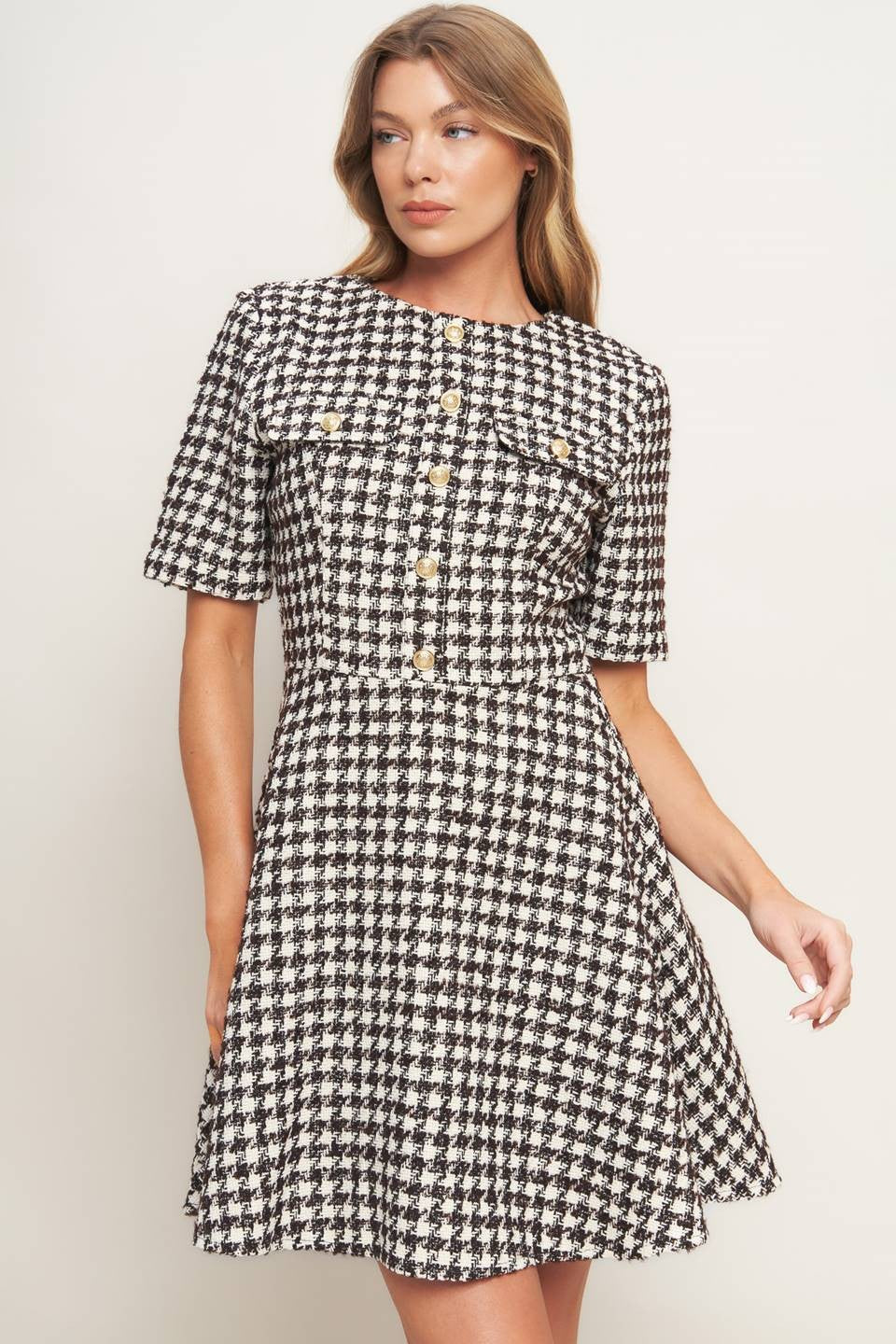 Tweed Dress - Ivory + Borwn