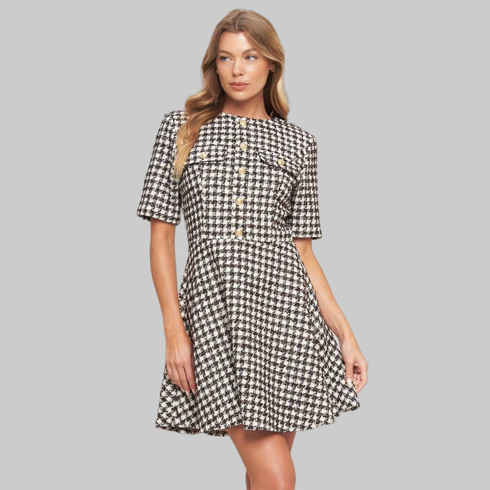 Tweed Dress - Ivory + Borwn