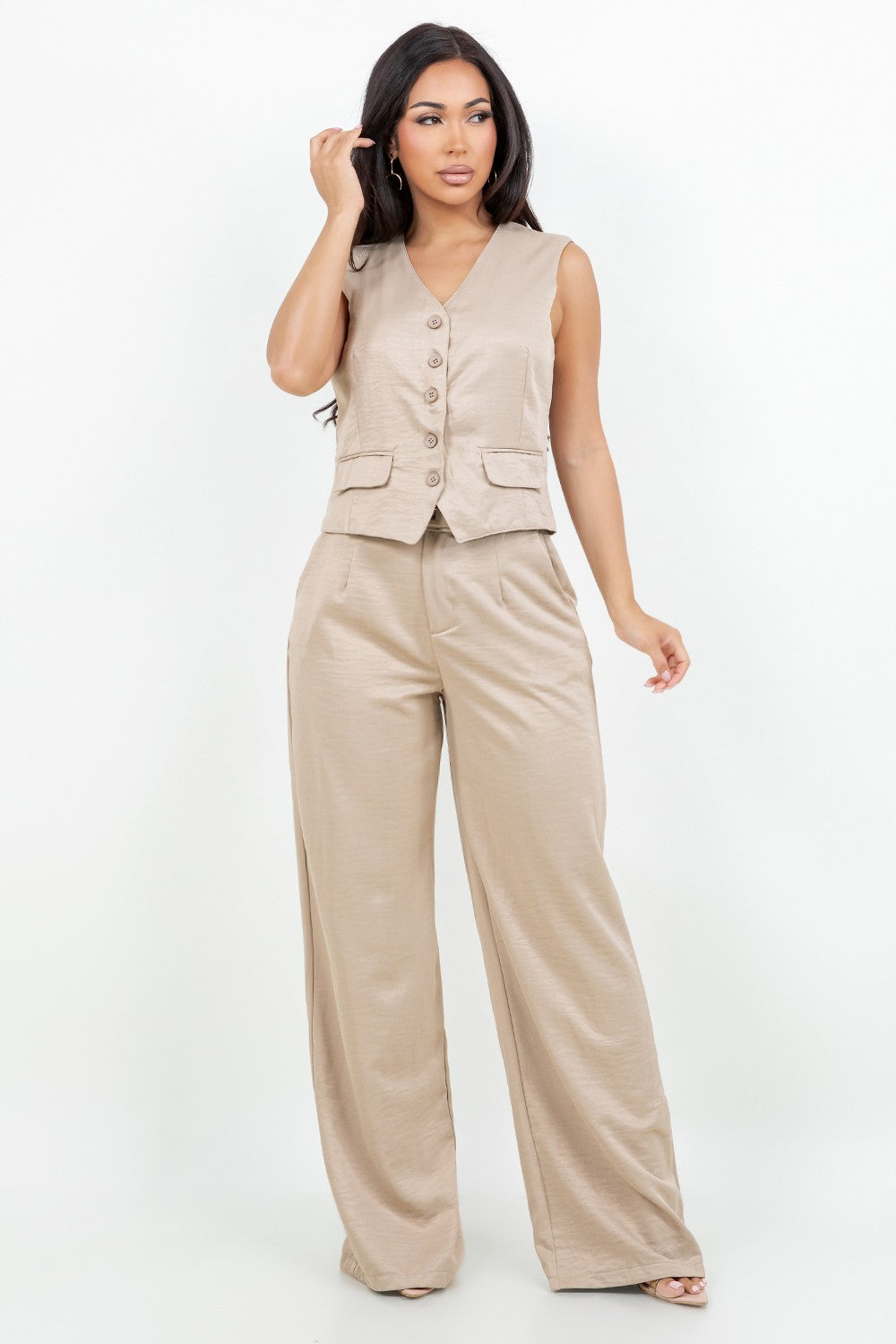 Khaki Satin Vest Pants Set