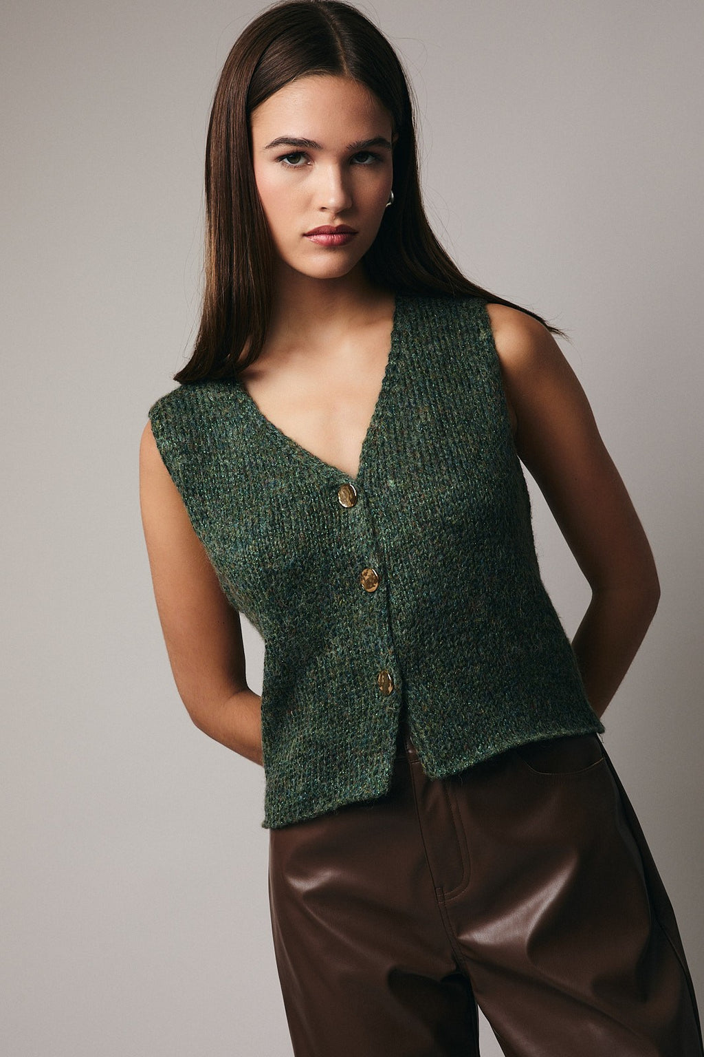 V-neck Button Down Lurex Sweater Vest