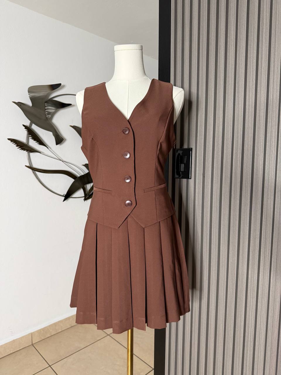Vest-style Solid Pleated Mini Dress