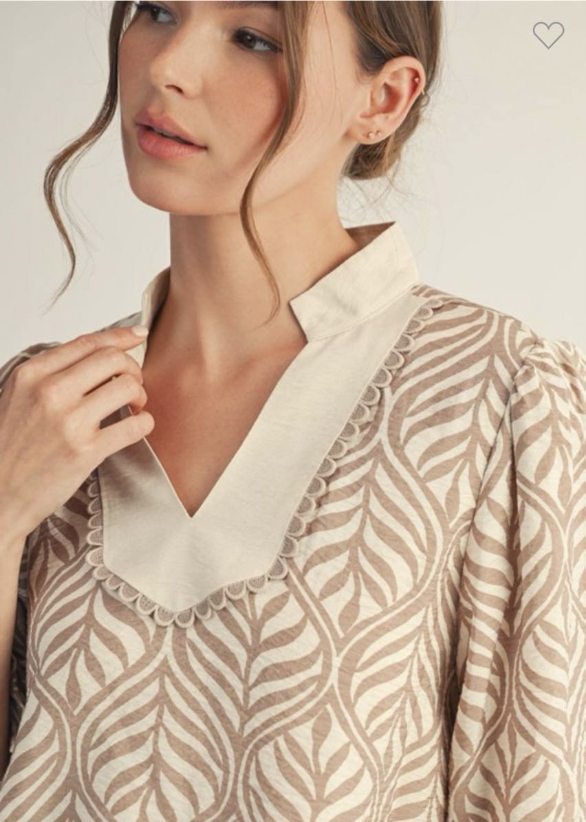  Collared Neck Boho Leaf Print Top