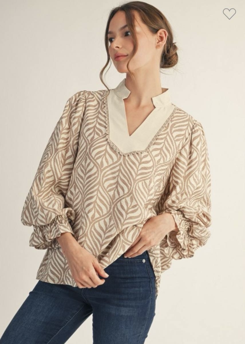  Collared Neck Boho Leaf Print Top