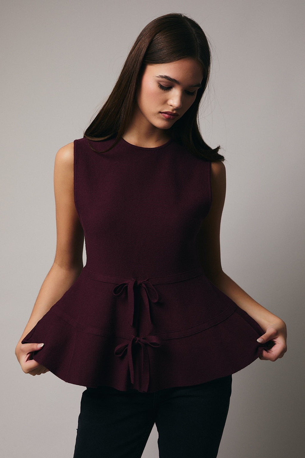 Round Neck Bow Tie Peplum Top