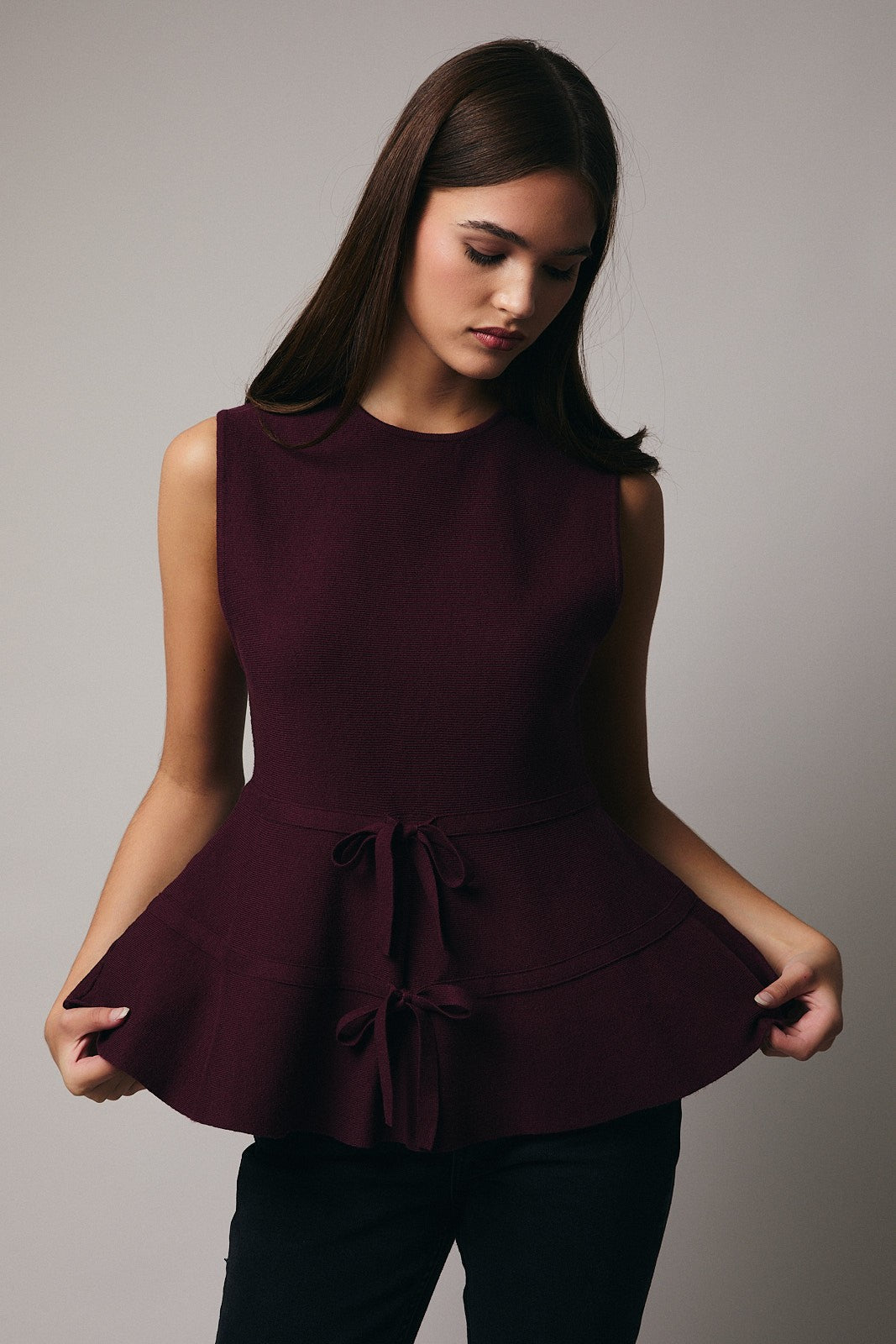 Round Neck Bow Tie Peplum Top